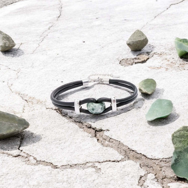 Yeşil Jasper Doğal Taşlı Deri Ve Çelik Bileklik