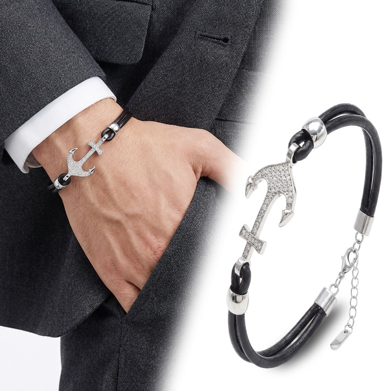 Zirkon Taşlı Çelik Çapa Detaylı Ayarlanabilir Deri Erkek Bileklik Zirkon Taşlı Çelik Çapa Detaylı Ayarlanabilir Deri Erkek Bileklik