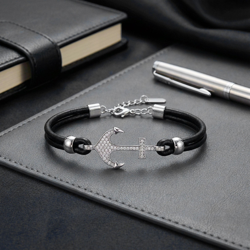 Zirkon Taşlı Çelik Çapa Detaylı Ayarlanabilir Deri Erkek Bileklik Zirkon Taşlı Çelik Çapa Detaylı Ayarlanabilir Deri Erkek Bileklik